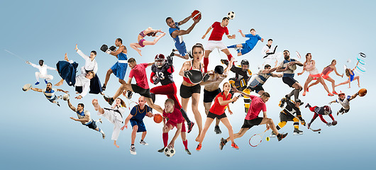 Image showing Sport collage about kickboxing, soccer, american football, basketball, ice hockey, badminton, taekwondo, tennis, rugby