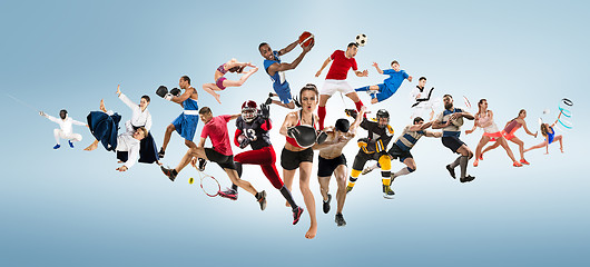 Image showing Sport collage about kickboxing, soccer, american football, basketball, ice hockey, badminton, taekwondo, tennis, rugby