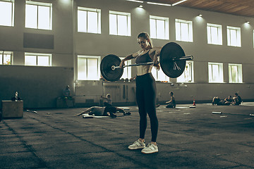 Image showing Fit young woman lifting barbells working out in a gym