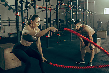Image showing Woman with battle ropes exercise in the fitness gym.