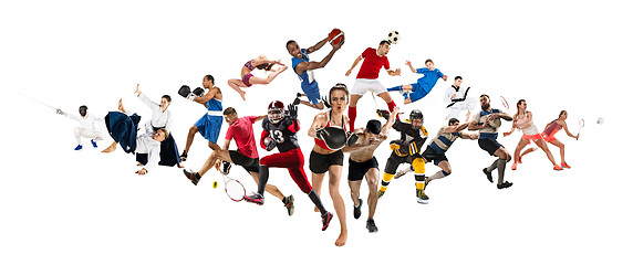 Image showing Sport collage about kickboxing, soccer, american football, basketball, ice hockey, badminton, taekwondo, tennis, rugby