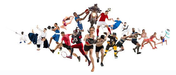 Image showing Sport collage about kickboxing, soccer, american football, basketball, ice hockey, badminton, taekwondo, tennis, rugby
