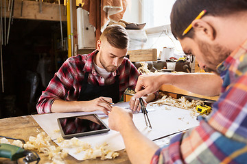 Image showing carpenters with blueprint and dividers at workshop