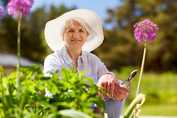 Image showing senior woman with garden pruner and flowers