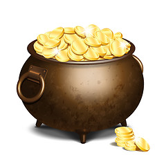 Image showing Old iron cauldron full of gold coins