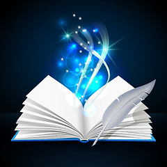 Image showing Open book with mystic bright light and feather