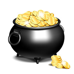 Image showing Cauldron or a black pot full of gold coins