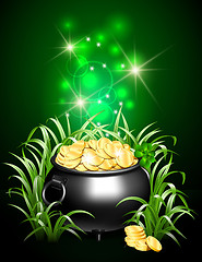 Image showing Pot with gold coins in the grass