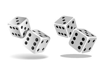 Image showing Two white falling dice isolated on white