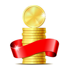 Image showing Stack of coins with red ribbon.