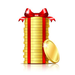 Image showing Stack of coins with red ribbon and gift bow.