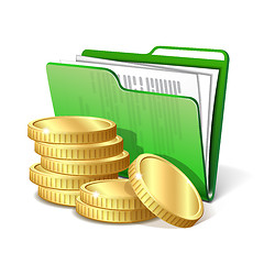 Image showing Stack of gold coins next to folder with documents