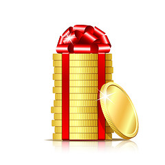 Image showing Stack of coins with red ribbon and gift bow.