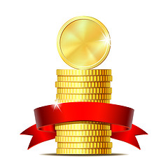 Image showing Stack of coins with red ribbon.