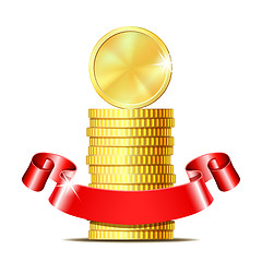 Image showing Stack of coins with red ribbon.