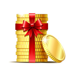 Image showing Stack of coins with red ribbon and gift bow.