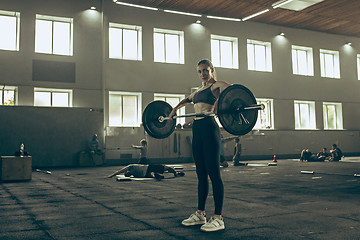 Image showing Fit young woman lifting barbells working out in a gym