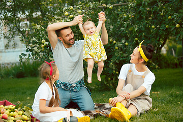 Image showing The happy young family during picking apples in a garden outdoors