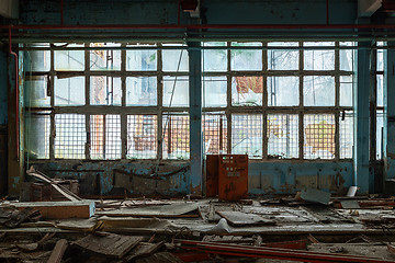 Image showing Large industrial windows in Jupiter Factory, Chernobyl Exclusion Zone 2019