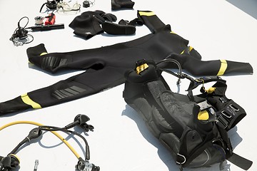 Image showing Scuba gear drying on boat deck