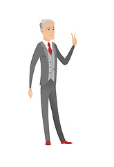 Image showing Caucasian businessman showing victory gesture.