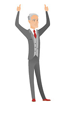 Image showing Caucasian businessman standing with raised arms up