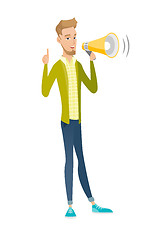 Image showing Caucasian businessman talking into loudspeaker.