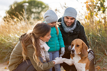 Image showing happy family with beagle dog outdoors in autumn