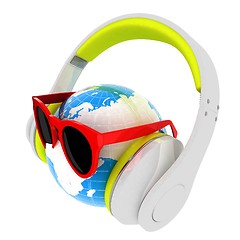 Image showing Earth planet with earphones and sunglasses. 3d illustration