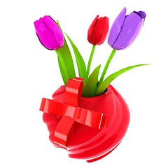 Image showing Fresh spring tulips in a vase vith ribbon. 3d illustration