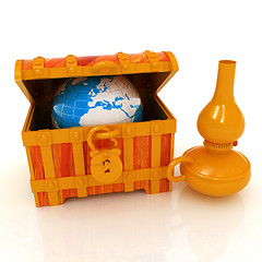 Image showing Earth in a chest and kerosene lamp. 3d illustration