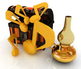 Image showing Chest, kerosene golden lamp and music notes beside. Retro music 