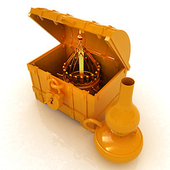 Image showing Gold crown in a chest and kerosene lamp. 3d render