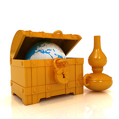 Image showing Earth in a chest and kerosene lamp. 3d illustration