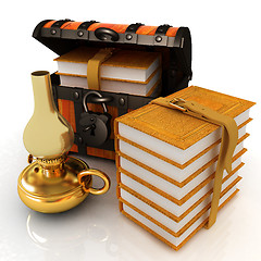 Image showing Leather Books in a Chest and kerosene lamp. 3d render