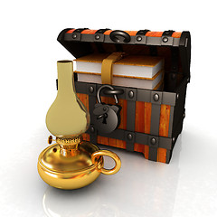 Image showing Leather Books in a Chest and kerosene lamp. 3d render