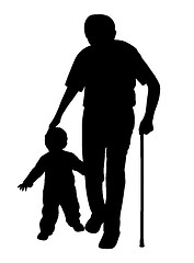 Image showing Grandfather with stick and child walking