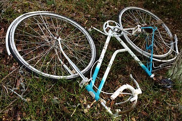 Image showing abandoned broken bike in the forest