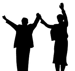 Image showing Successful business partners or leader politicians waving raised hands