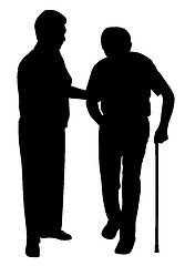 Image showing Senior woman supporting senior man with walking stick