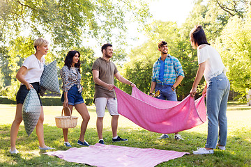 Image showing friends arranging place for picnic at summer park