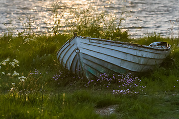 Image showing Old weathered rowing boat in green grass