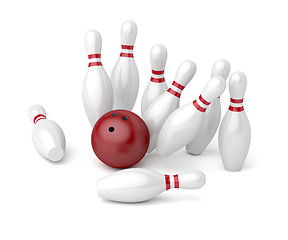 Image showing Bowling ball and pins