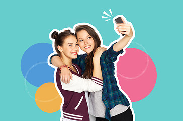 Image showing happy teenage girls taking selfie with smartphone