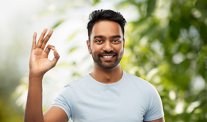 Image showing happy indian man in t-shirt showing ok hand sign