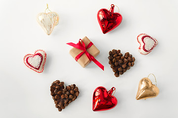 Image showing christmas gift and heart shaped decorations