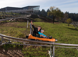 Image showing mother and son enjoys driving on alpine coaster