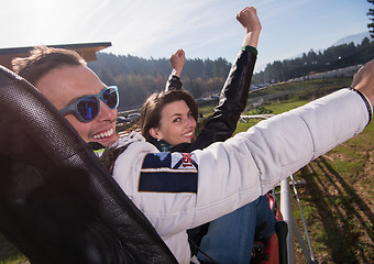 Image showing couple enjoys driving on alpine coaster