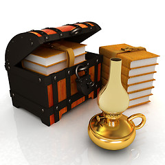 Image showing Leather Books in a Chest and kerosene lamp. 3d render