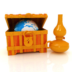 Image showing Earth in a chest and kerosene lamp. 3d illustration